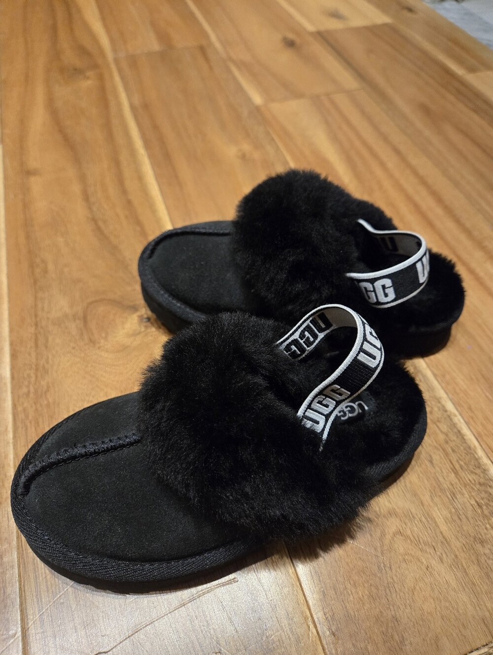 UGG Kids Black Fuzzy Slide with Branded Heel Strap